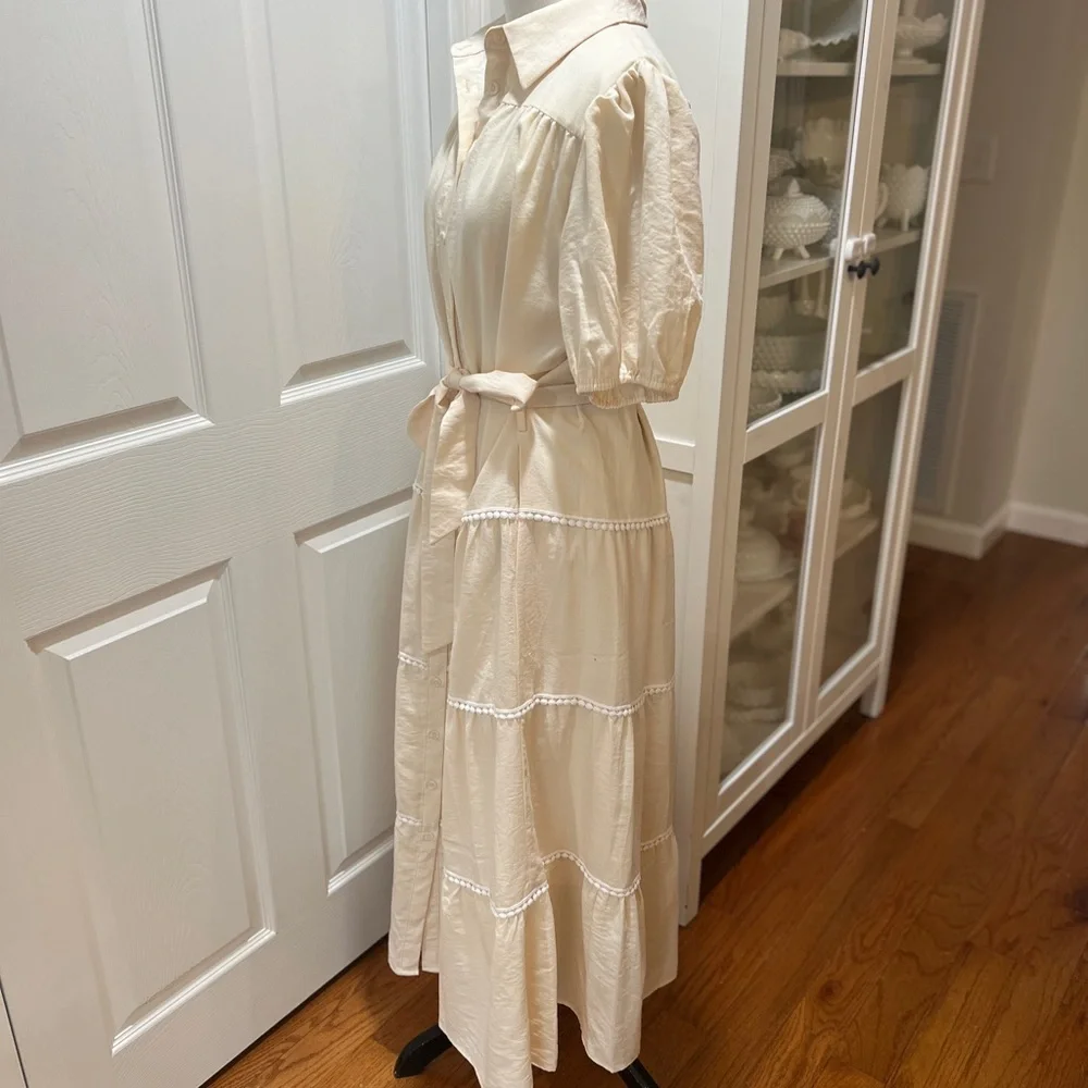 Women’s Cream Button-Front Tiered Maxi Dress with Self-Tie Waist - Picture 3 of 6